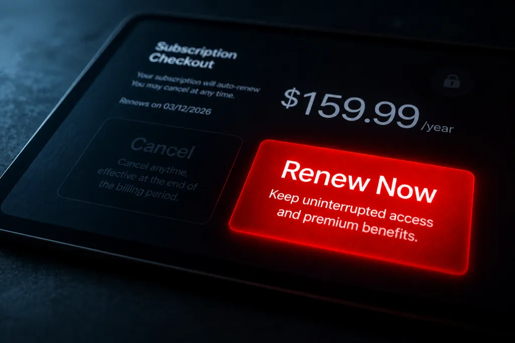 A deceptive checkout screen illustrating dark patterns in SaaS renewals that trick B2B founders into unwanted subscriptions.