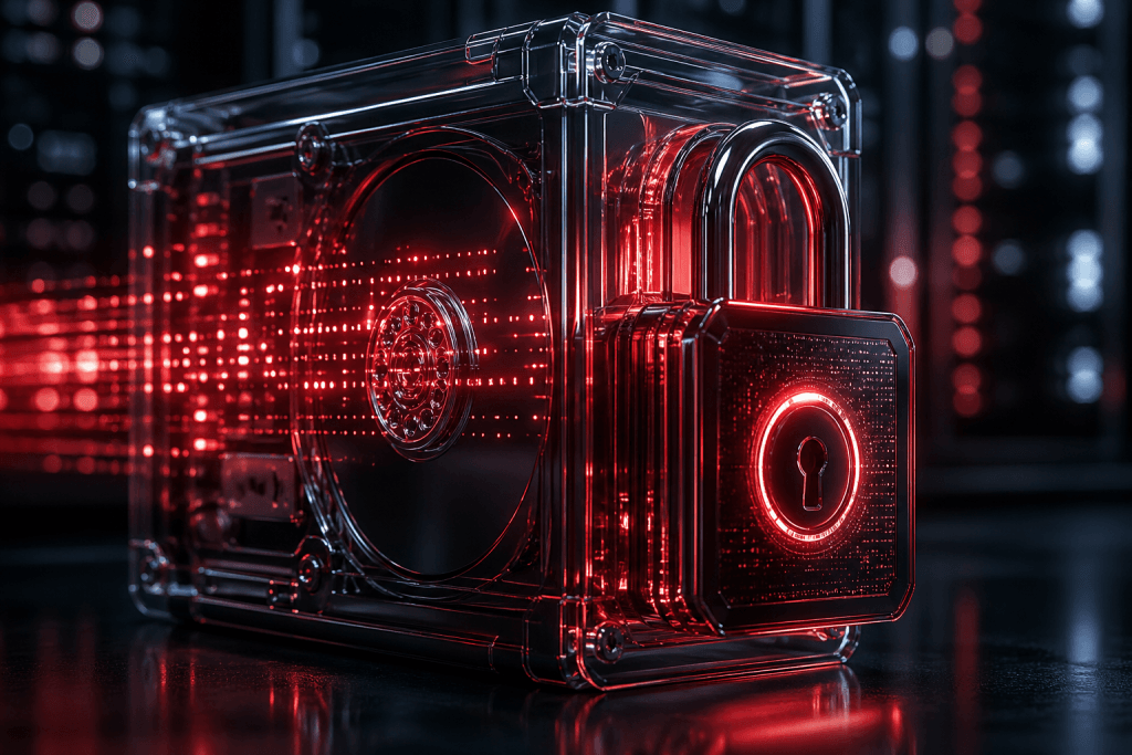 A glowing digital padlock securing a data drive, representing the dangers of SaaS vendor lock-in and trapped B2B data.