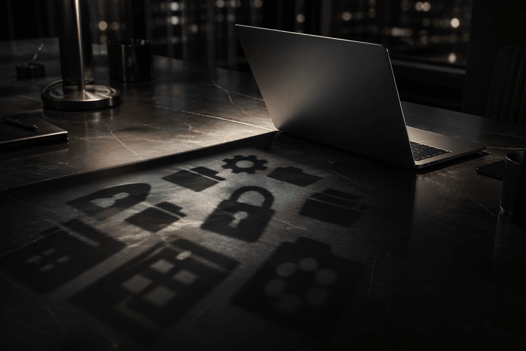 A laptop casting a dark shadow, representing the hidden security vulnerabilities of shadow IT in remote teams.