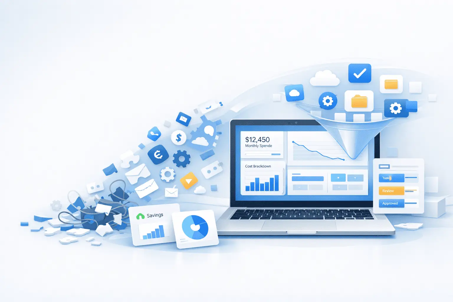 SaaS cost optimization dashboard showing simplified software tools and smarter decision-making