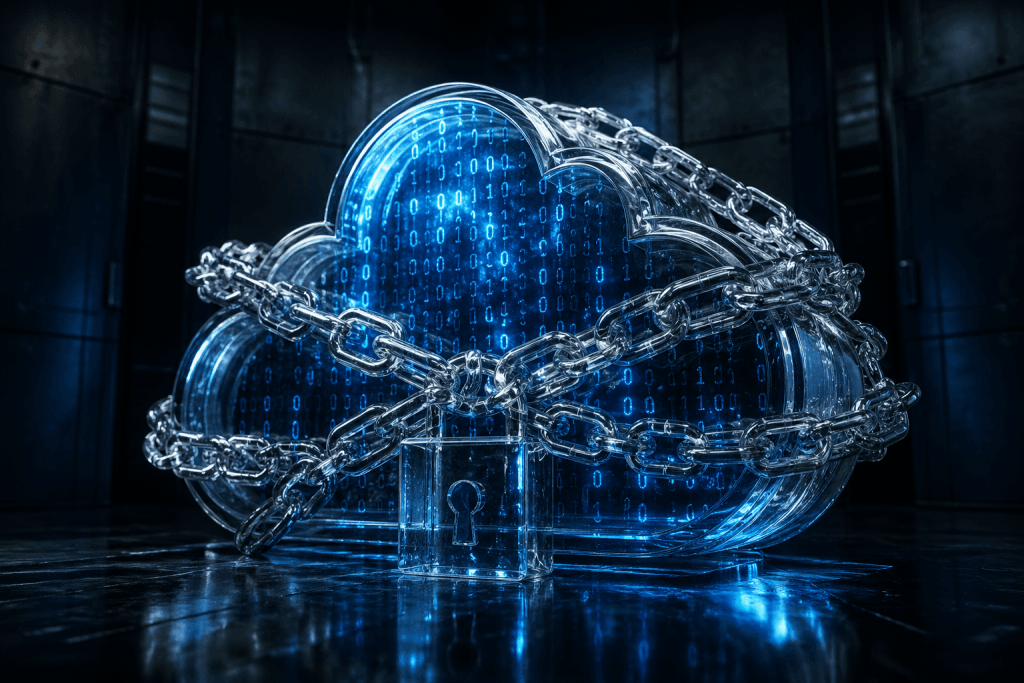 A digital cloud vault wrapped in chains, representing the financial dangers of vendor lock-in in SaaS for B2B companies.