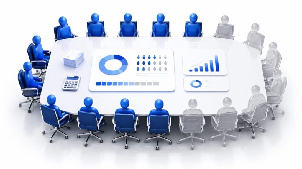 A 3D illustration showing active users and unused software seats around a corporate meeting table, representing the financial waste caused by SaaS seat minimums.