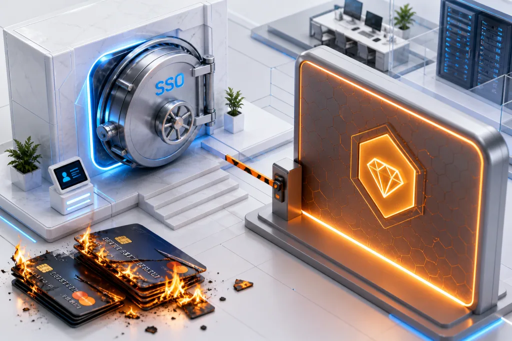 A 3D conceptual illustration showing the expensive SaaS SSO tax and forced enterprise software upgrades.