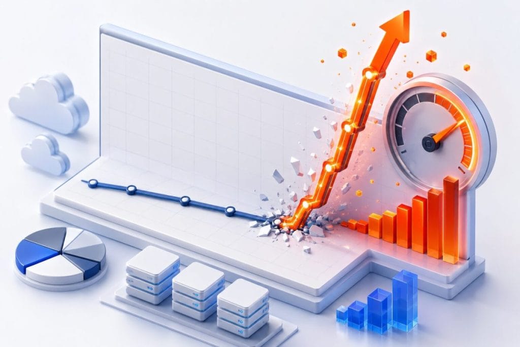 A 3D illustration representing unexpected financial spikes and usage-based SaaS pricing risks in modern software budgets.