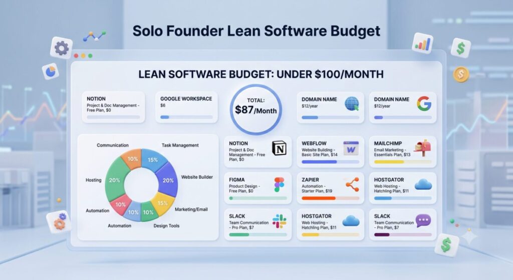 AI tool stack for solo founders under 100 dollars showing a lean software budget dashboard