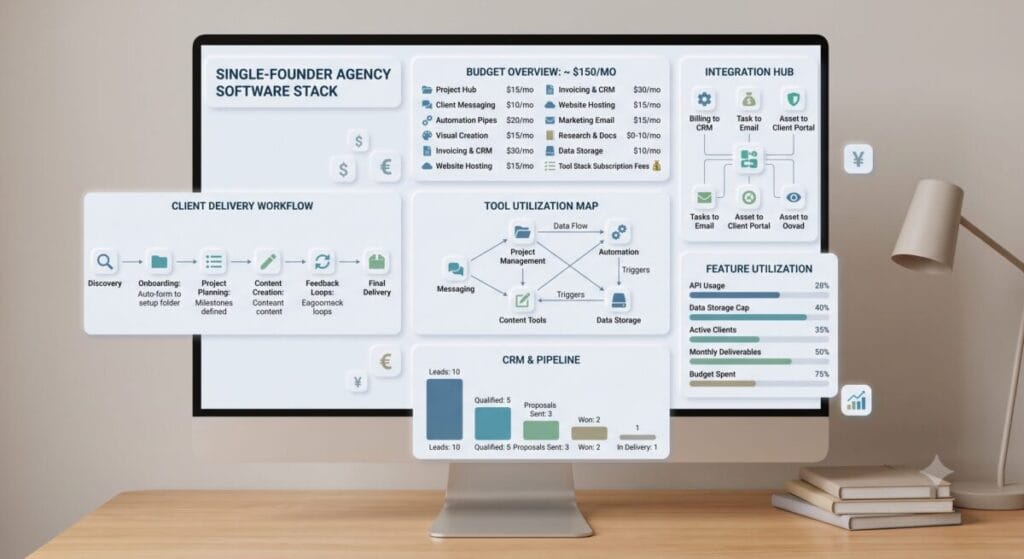 best software stack for a one-person agency shown as a lean client delivery and software budget dashboard