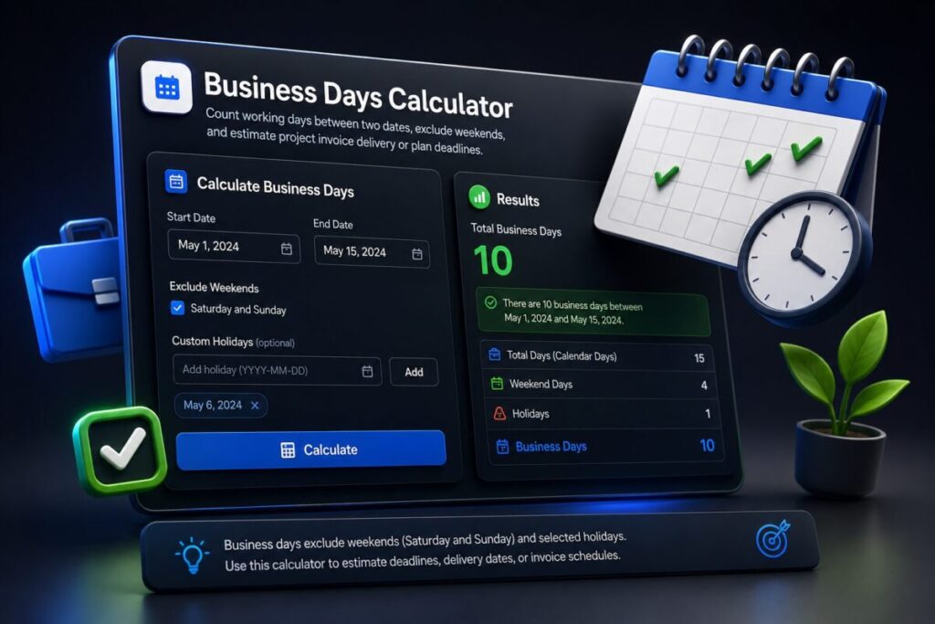 Business days calculator preview for counting working days between two dates and estimating project invoice delivery or planning deadlines