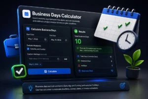 Business days calculator preview for counting working days between two dates and estimating project invoice delivery or planning deadlines