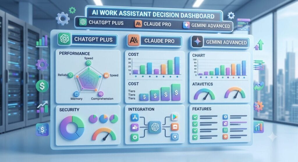 ChatGPT Plus vs Claude Pro vs Gemini Advanced for daily work shown as a software decision dashboard