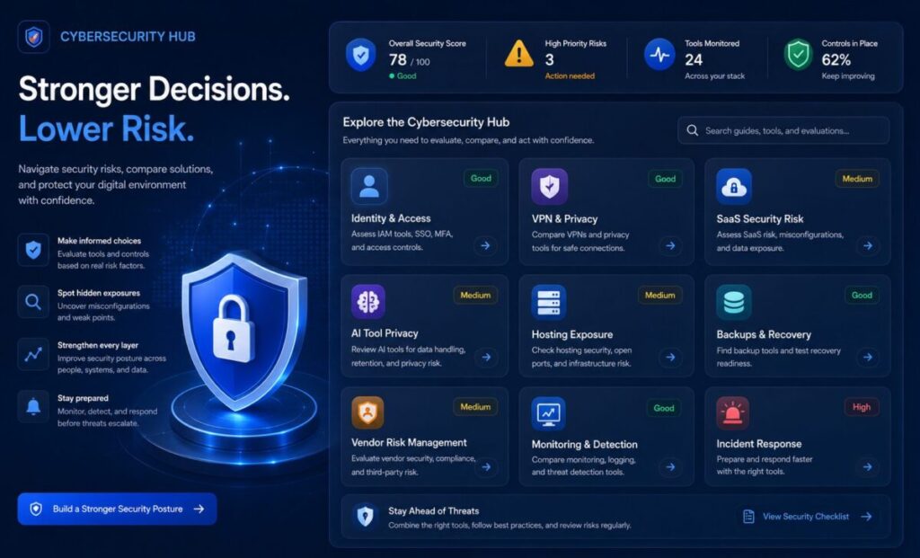 Cybersecurity Hub dashboard showing identity access, VPN privacy, SaaS risk, AI tool privacy, hosting exposure, backups, vendor risk, monitoring, and incident response.