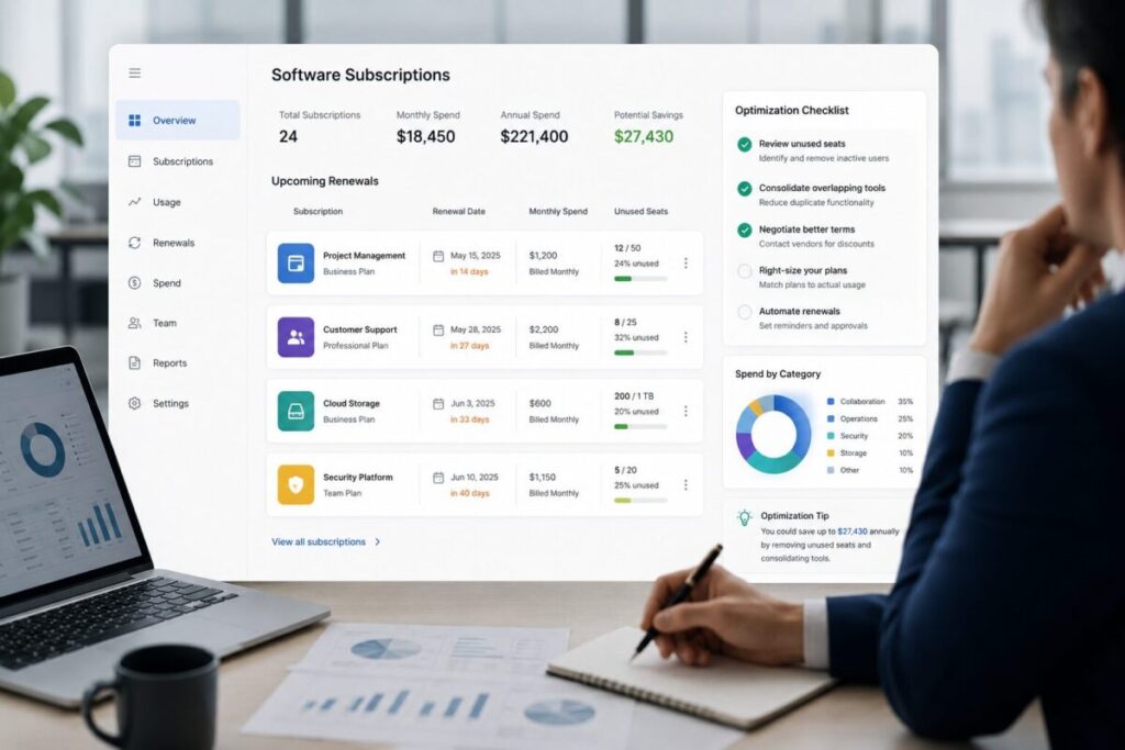 SaaS cost optimization checklist dashboard for reviewing software subscriptions, unused seats, and renewal dates
