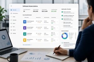 SaaS cost optimization checklist dashboard for reviewing software subscriptions, unused seats, and renewal dates