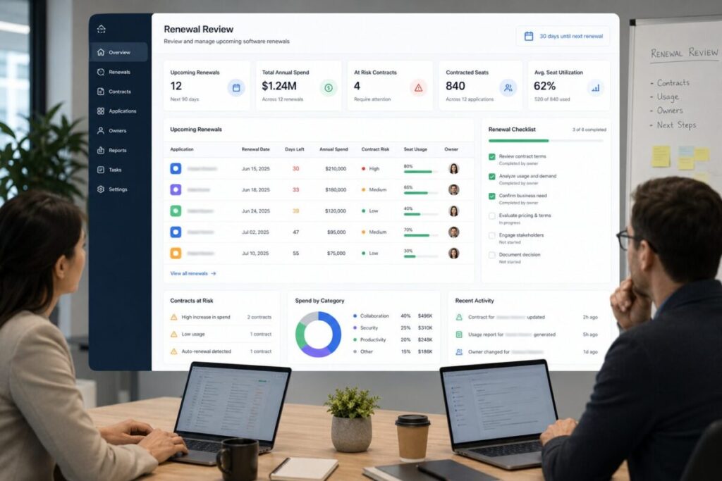 SaaS renewal checklist dashboard showing renewal dates, contract risk, usage review, and software cost decisions
