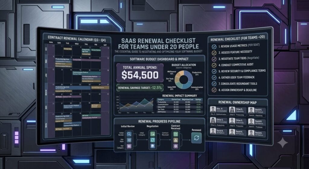 SaaS renewal checklist for teams under 20 people shown as a contract calendar and software budget dashboard