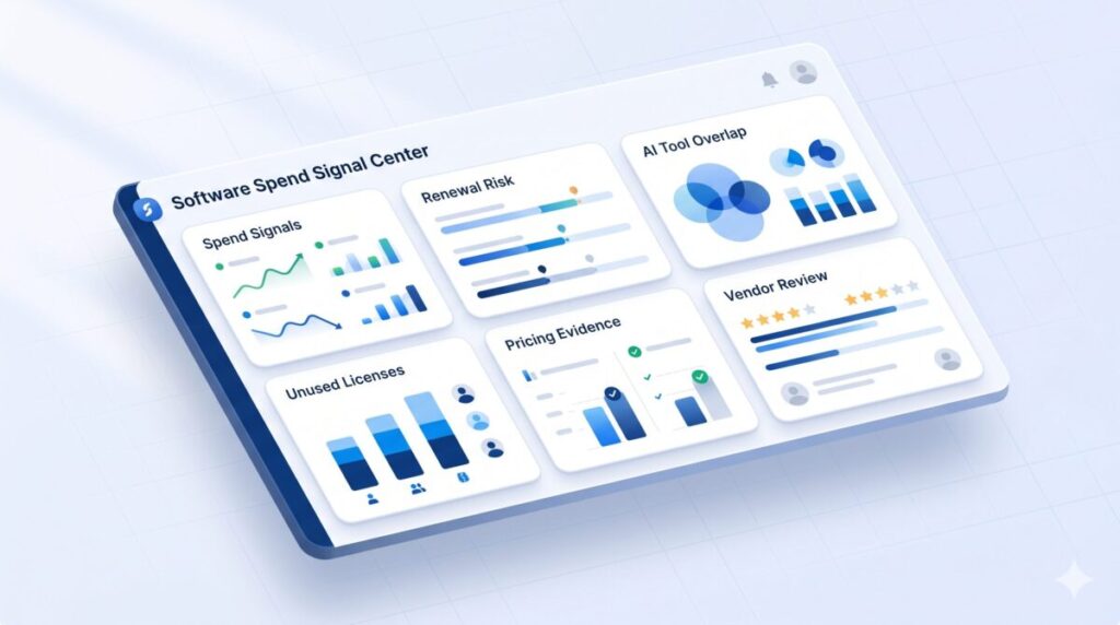 Software Spend Signal Center dashboard showing SaaS renewal risks, AI tool overlap, pricing evidence, and unused license signals
