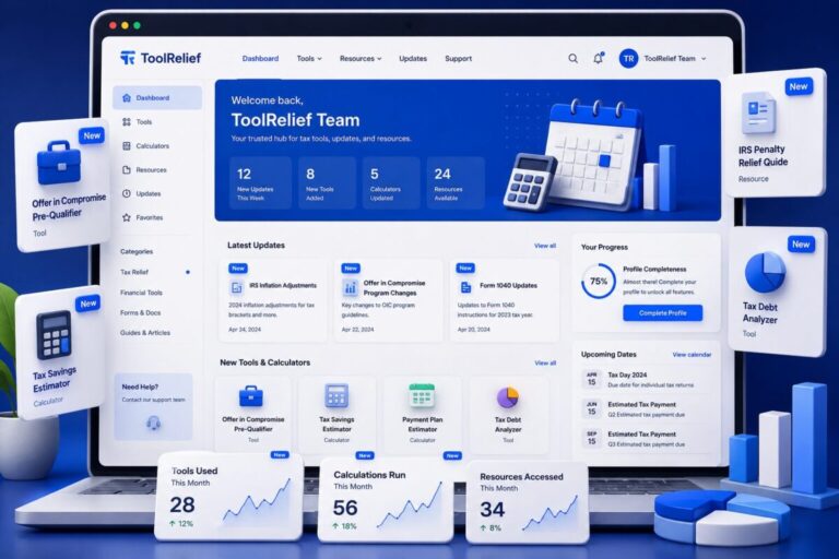 dashboard showing ToolRelief Liveupdates, new tools, calculators, and resource cards