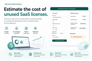Unused SaaS license cost calculator preview showing manual inputs for paid seats, unused seats, price per seat, and estimated monthly and annual license waste