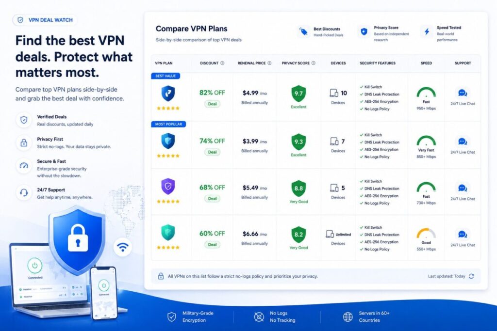 VPN Subscription Review Checklist dashboard showing renewal price, privacy claims, device limits, security features, support, and cancellation risk.