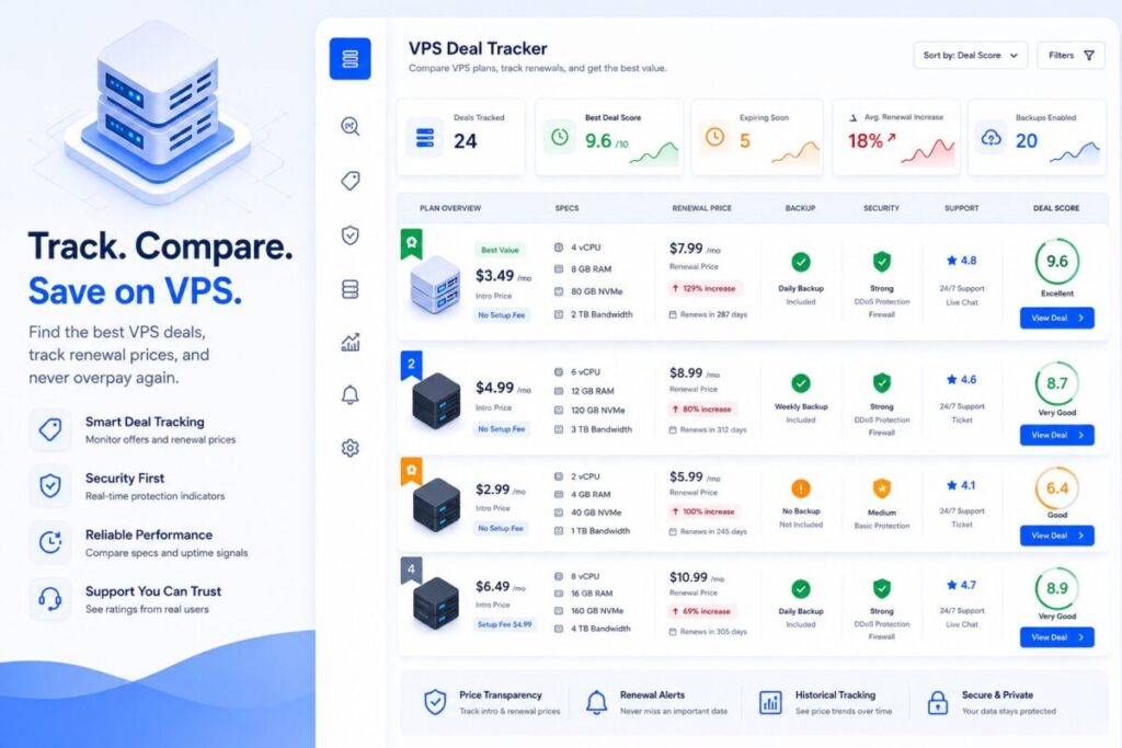 VPS Deal Tracker dashboard comparing hosting deals by renewal price, server resources, backups, security, support, and deal score.