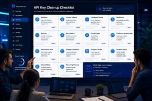 API key cleanup checklist reviewing keys, tokens, webhooks, owners, storage, former users, contractors, rotation, and unused access.