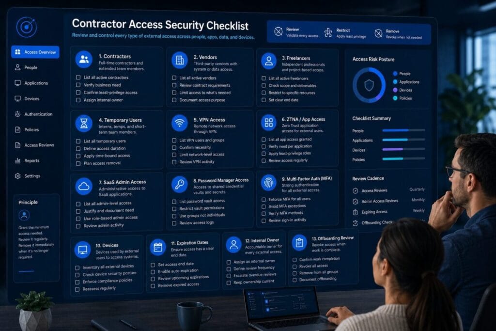 Contractor access security checklist reviewing VPN, ZTNA, SaaS access, MFA, devices, owners, expiration dates, and offboarding.