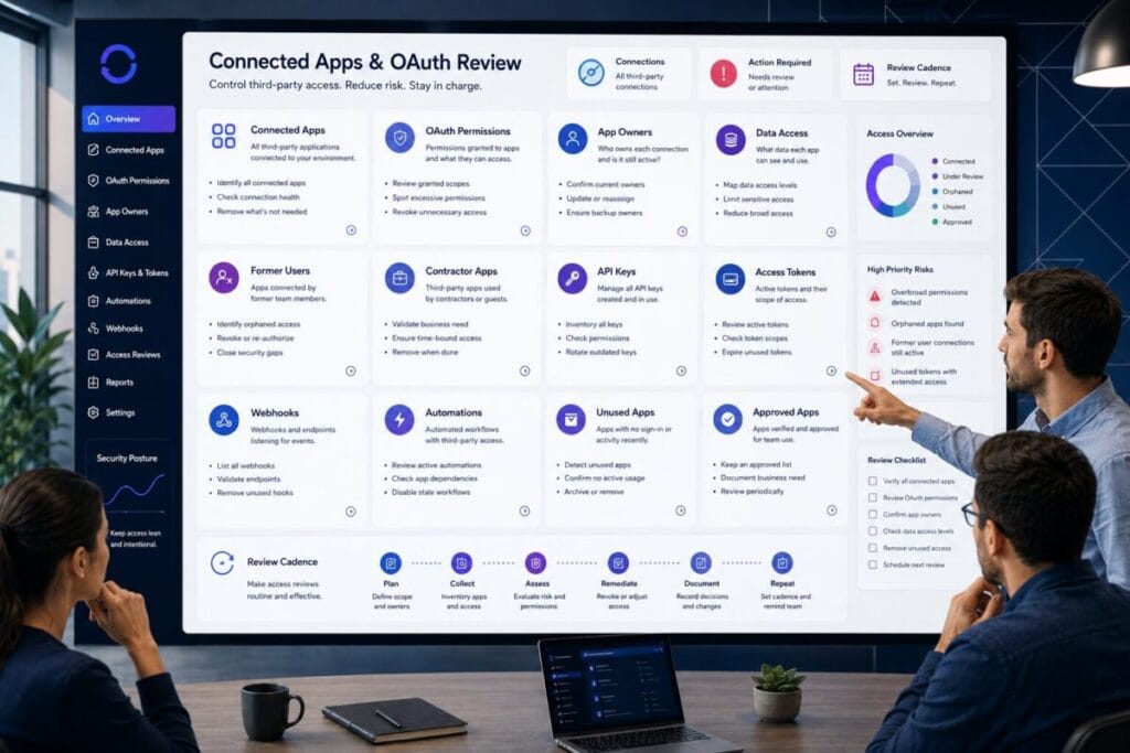 OAuth app review checklist reviewing connected apps, permissions, owners, data access, API keys, former users, and unused integrations.