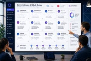 OAuth app review checklist reviewing connected apps, permissions, owners, data access, API keys, former users, and unused integrations.