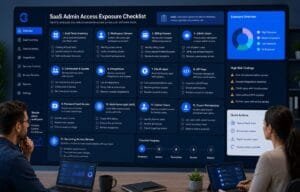SaaS admin access exposure checklist reviewing admins, owners, billing, MFA, integrations, contractors, former users, and access risk.