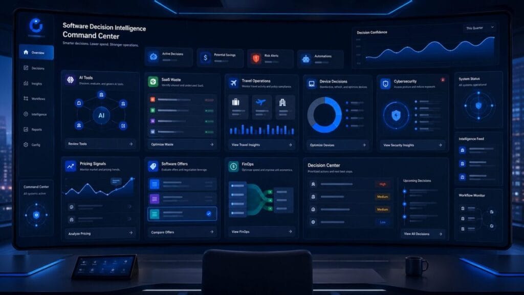 ToolRelief Intel Hub software decision intelligence dashboard for AI tools SaaS waste travel device FinOps and security decisions
