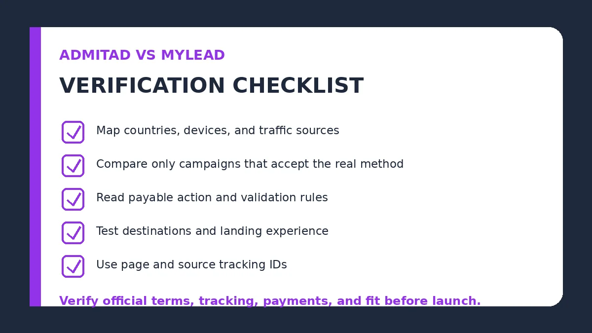 Admitad vs MyLead verification checklist