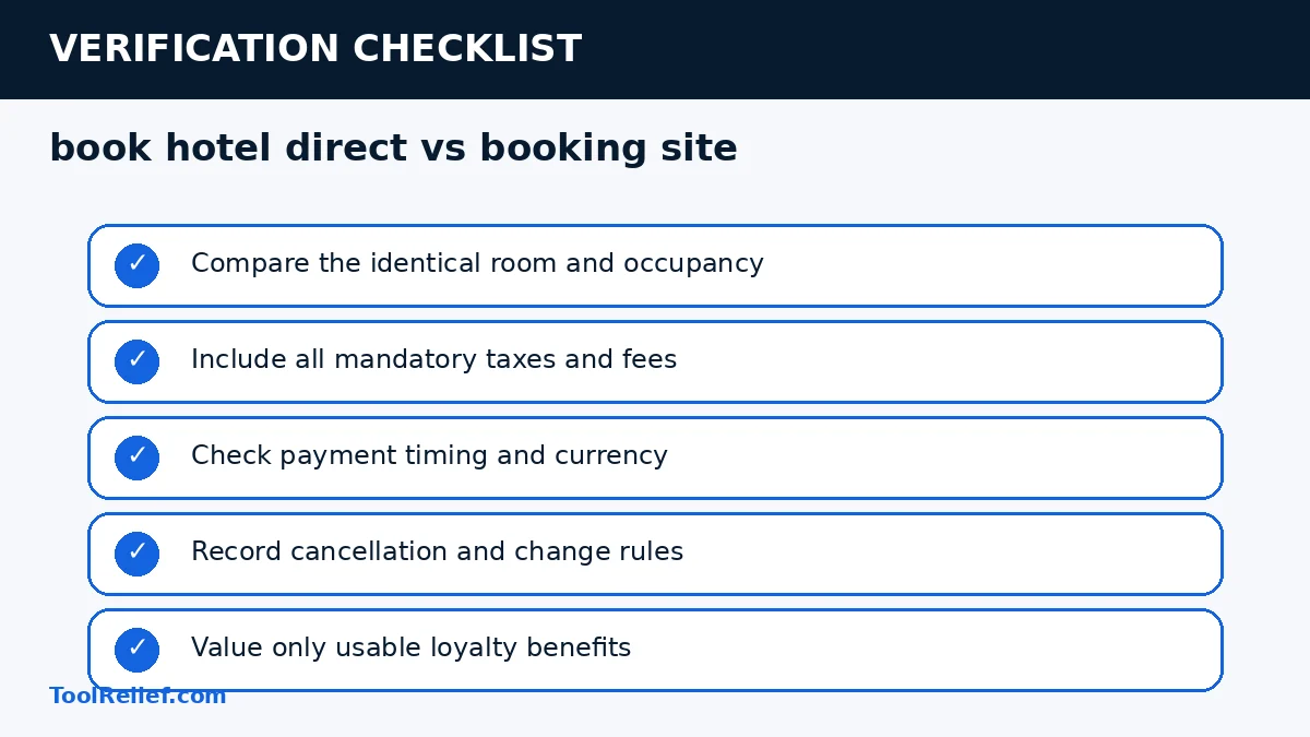 book hotel direct vs booking site verification checklist