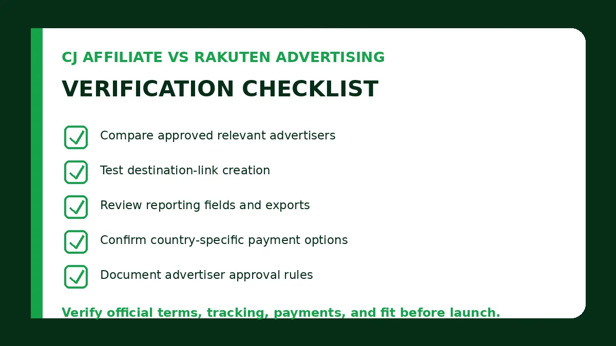 CJ Affiliate vs Rakuten Advertising verification checklist