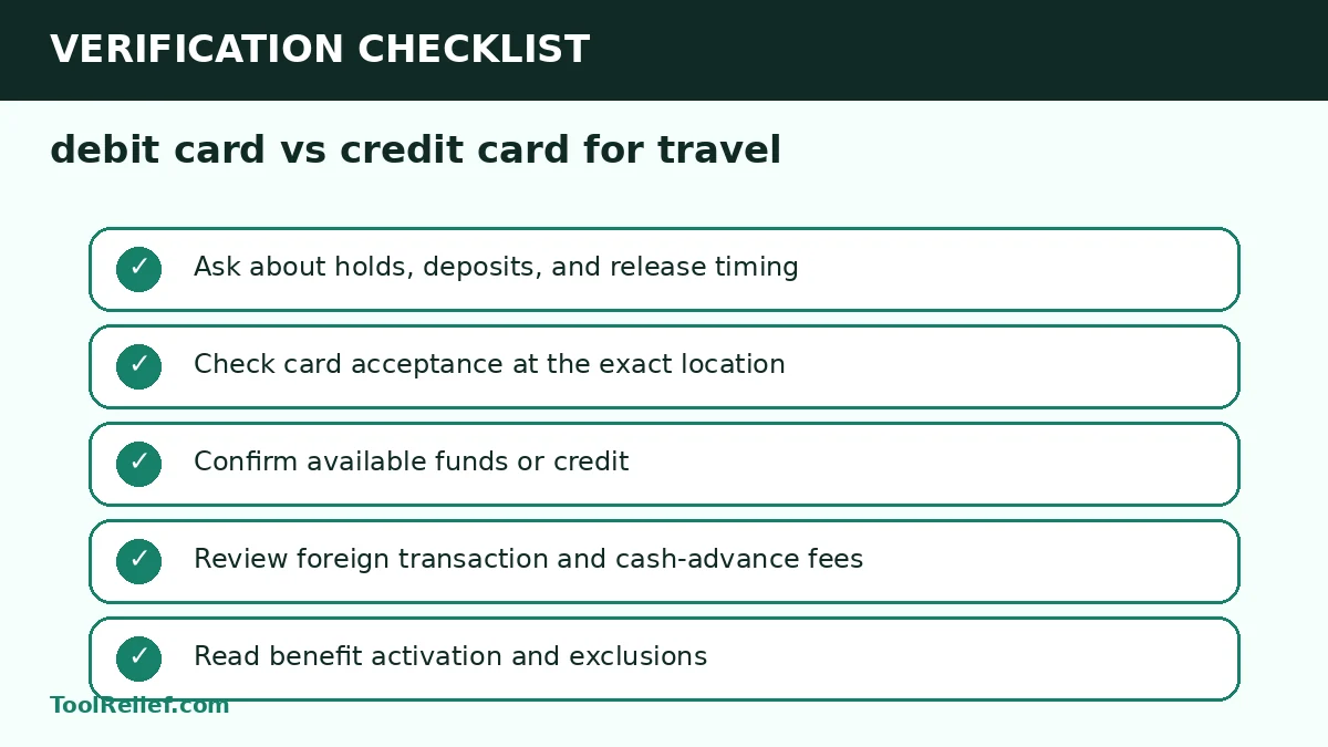 debit card vs credit card for travel verification checklist