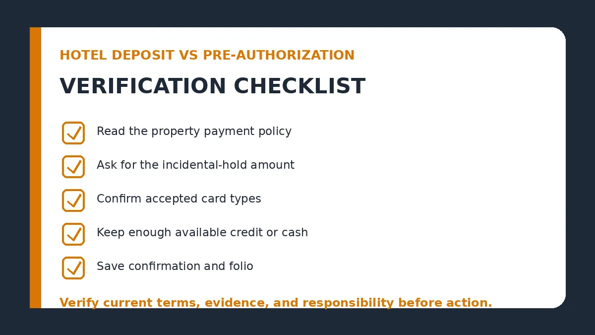 hotel deposit vs pre-authorization verification checklist