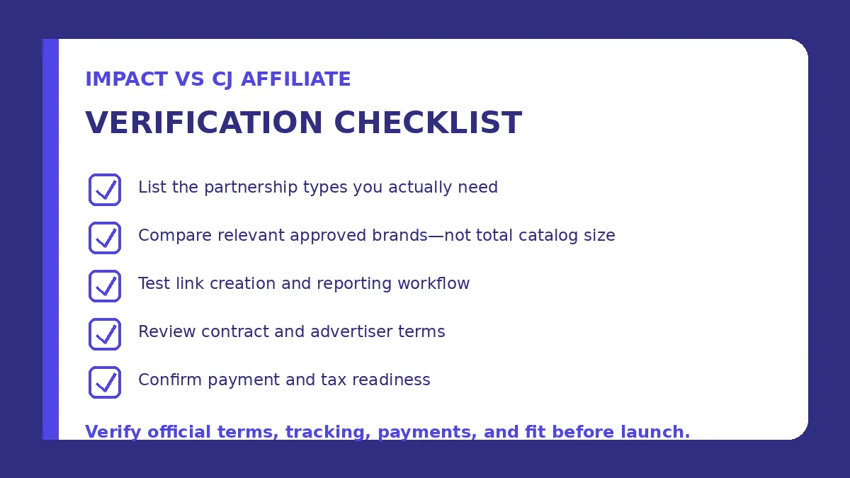 Impact vs CJ Affiliate verification checklist