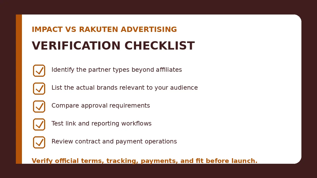 Impact vs Rakuten Advertising verification checklist