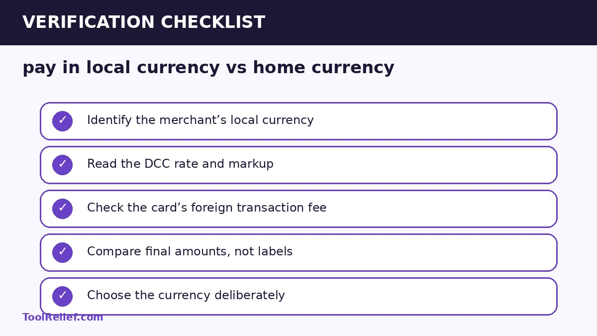pay in local currency vs home currency verification checklist