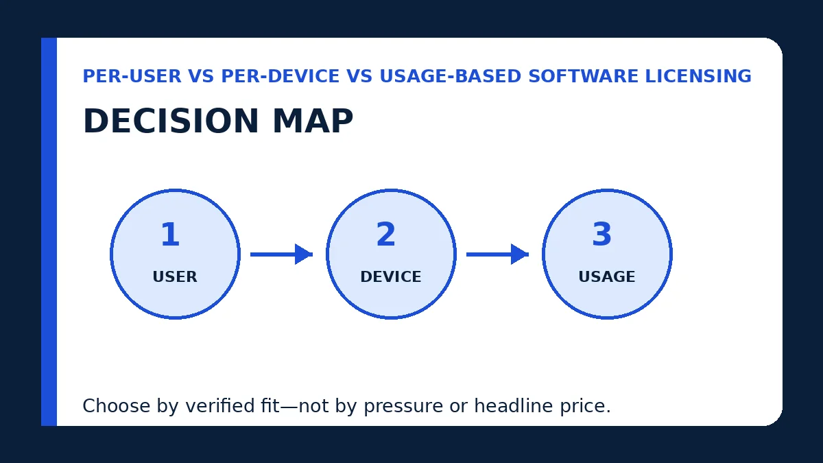 per-user vs per-device vs usage-based software licensing decision map