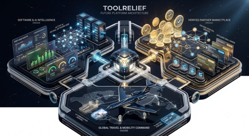 ToolRelief Future Platform Architecture 3D isometric dashboard showing software intelligence, verified partner offers, and travel command hubs.