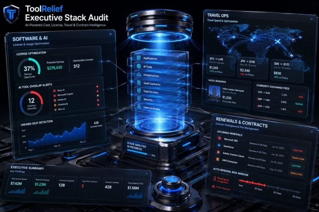 Free Stack Audit dashboard showing software intelligence, AI tool overlap analysis, travel ops cost review, and renewal risk signals.